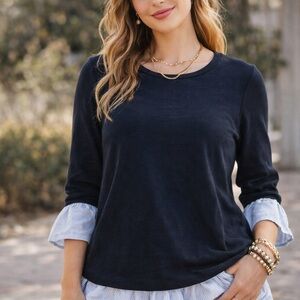 LOFT Navy Long Sleeve Top with Striped Cuffs